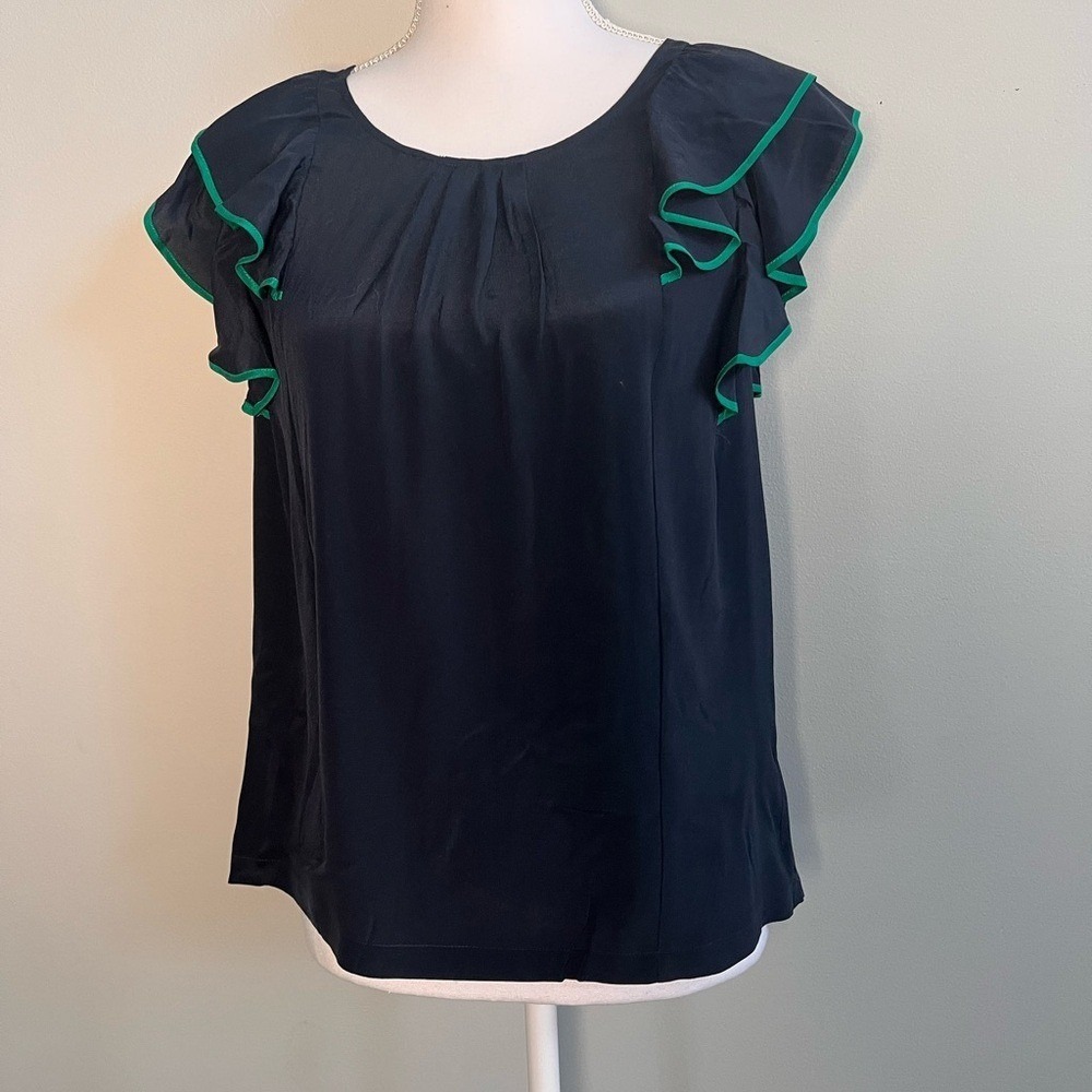 Odille Anthropologie Navy Blue 100% Silk Ruffle Sleeve Blouse Green Trim‎ Size 2